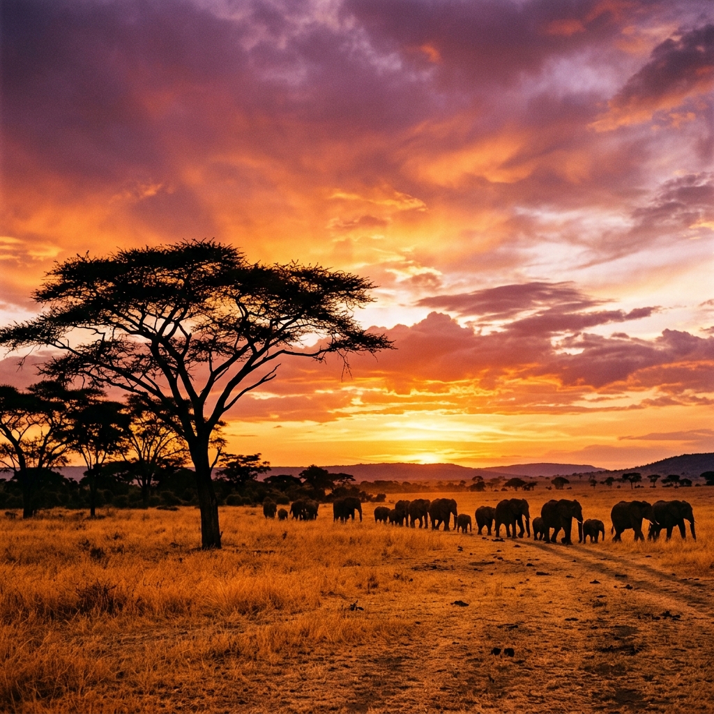 African safari landscape at sunset