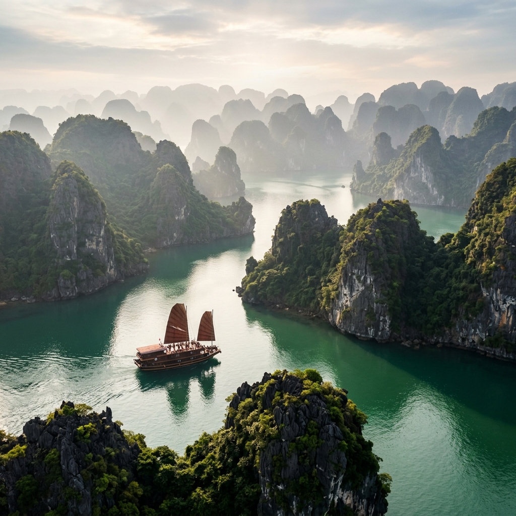 Halong Bay emerald waters with limestone karsts