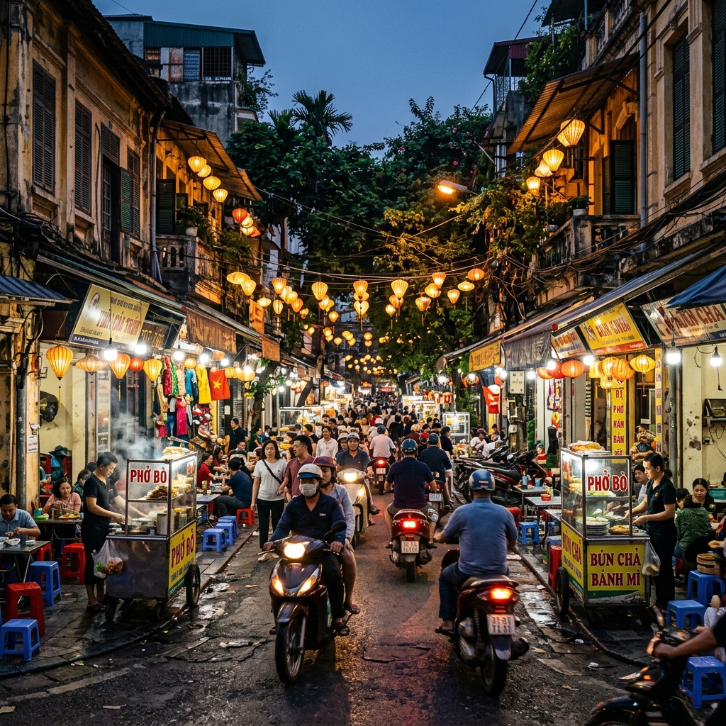 Hanoi Old Quarter lanterns at twilight