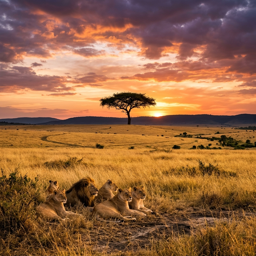 Golden Masai Mara savanna with lions