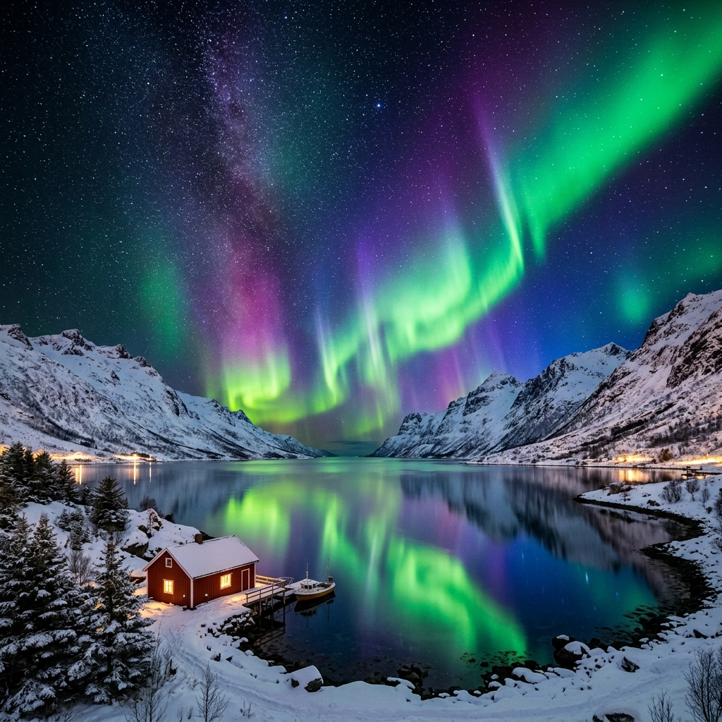 Northern Lights over Norway fjord