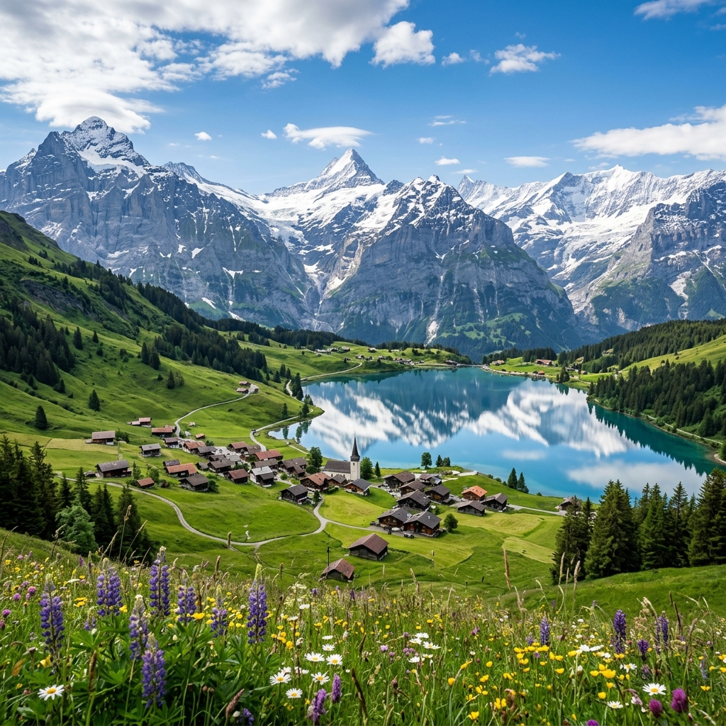 Swiss Alps village with mountain lake